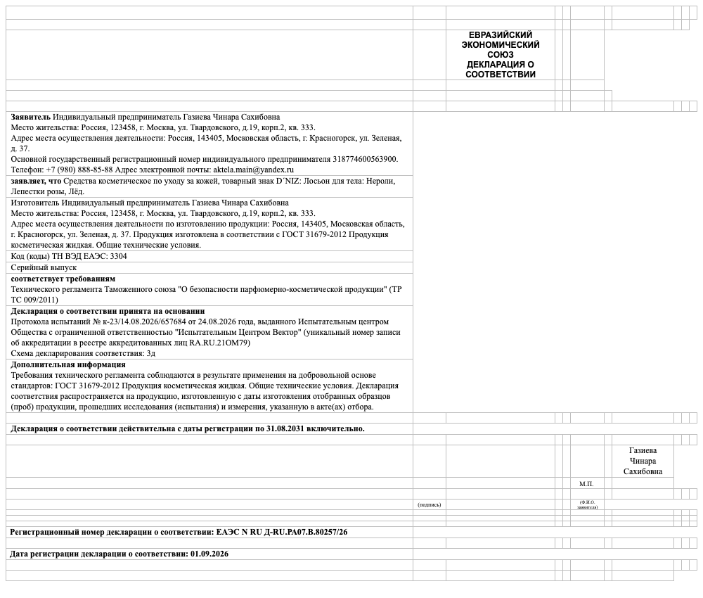 Декларация о соответствии — Лосьон для тела: Нероли, Лепестки розы, Лёд