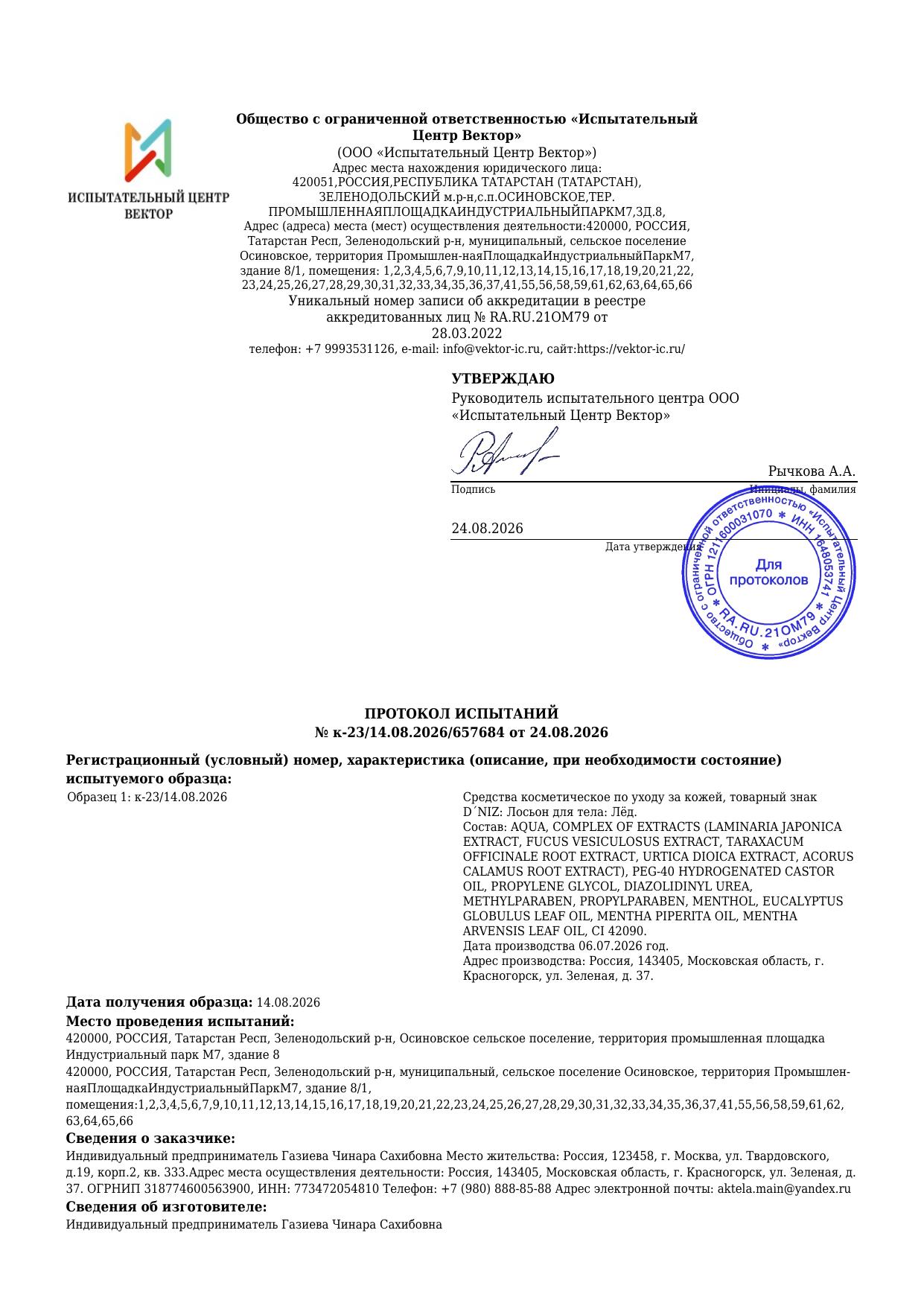 Протокол испытаний — Лосьон для тела: Лёд