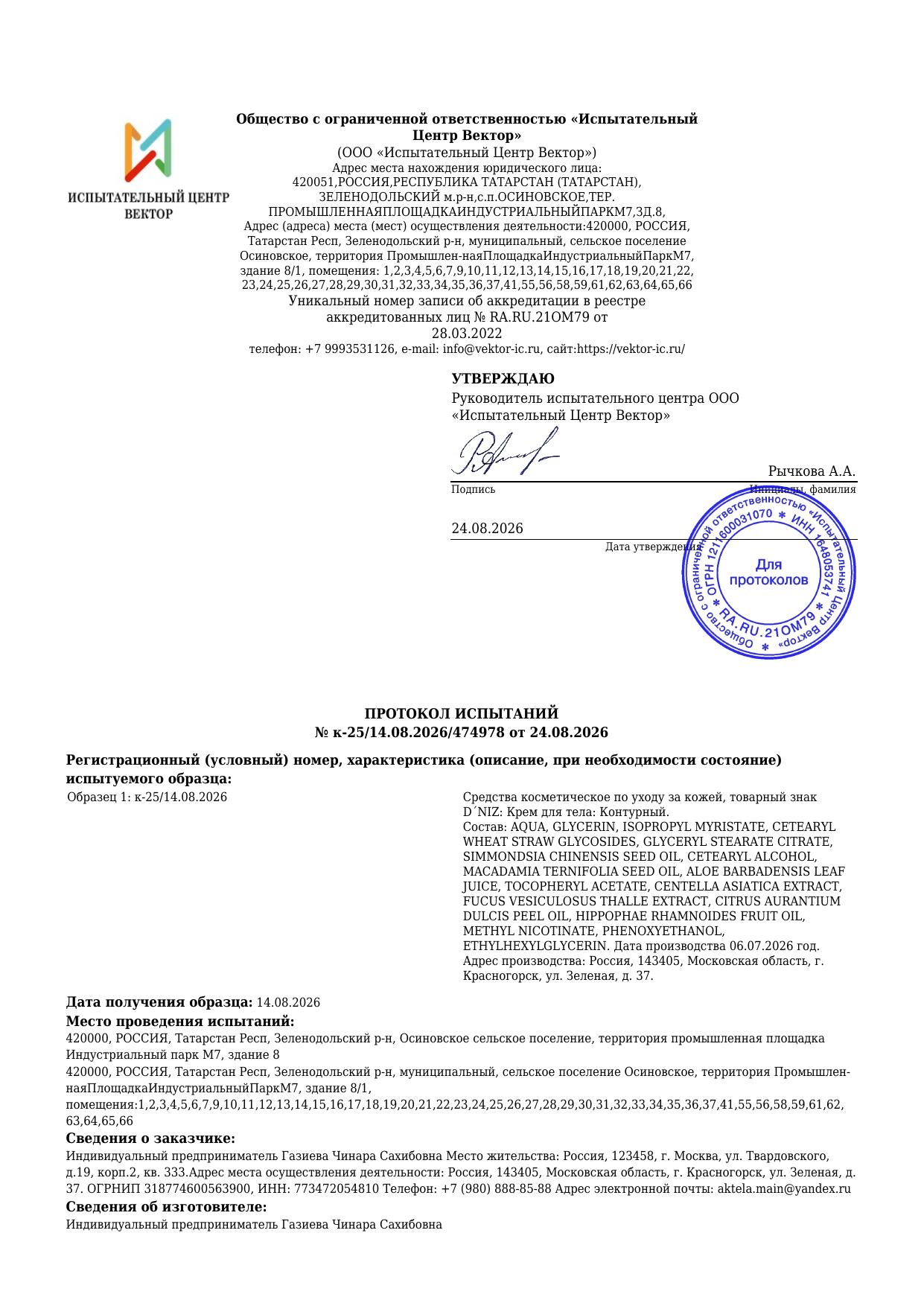 Протокол испытаний — Крем для тела: Контурный